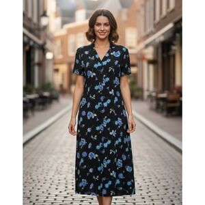 Vintage David Benjamin Floral Maxi Dress Womens M Blue Prairie Whimsigoth Button